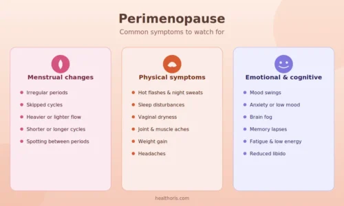 Perimenopause symptoms categorized into menstrual changes, physical symptoms, and emotional and cognitive symptoms